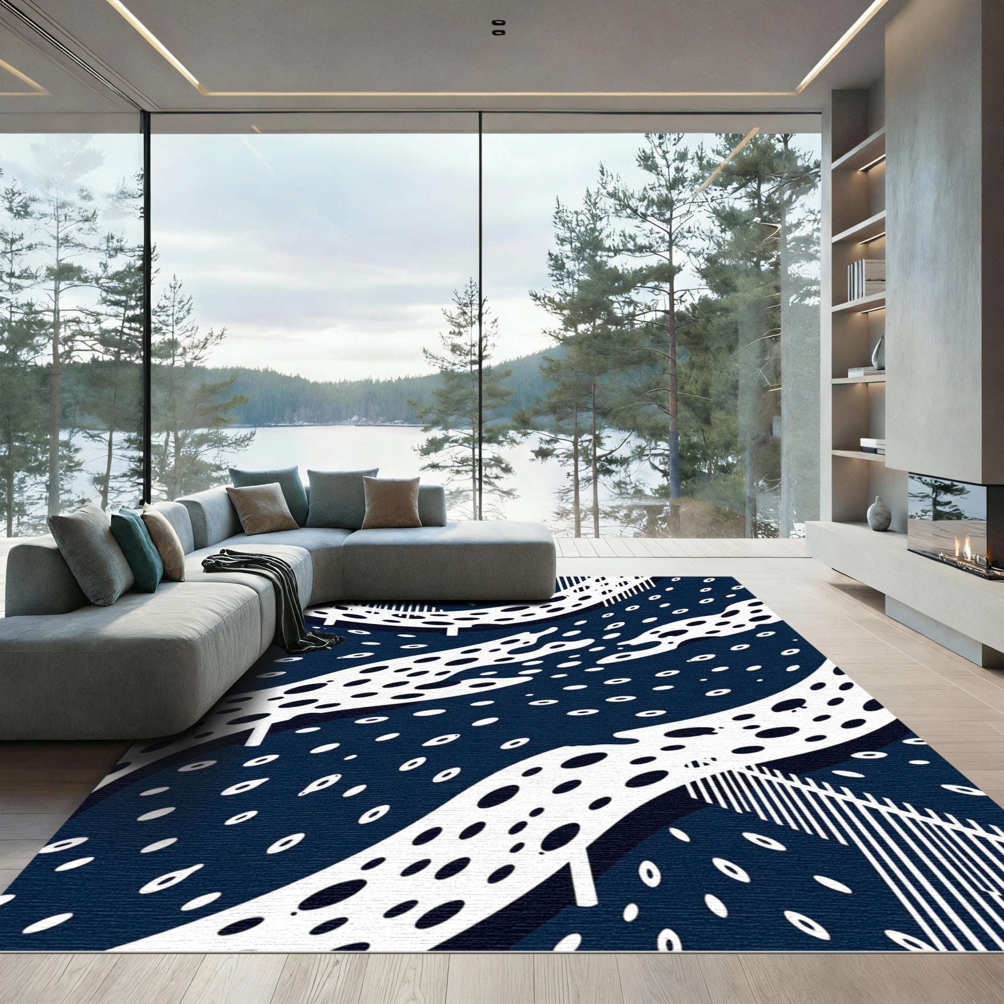 Abstract Midnight Blue Dotted Oceanic Flow Rug