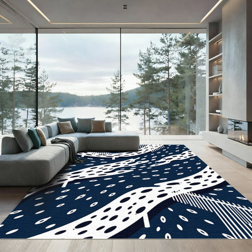 Abstract Midnight Blue Dotted Oceanic Flow Rug
