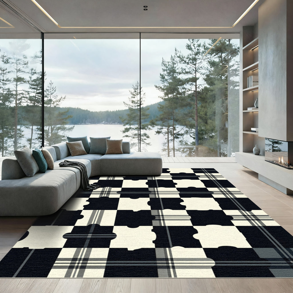 Monochrome Plaid Puzzle Squares Rug