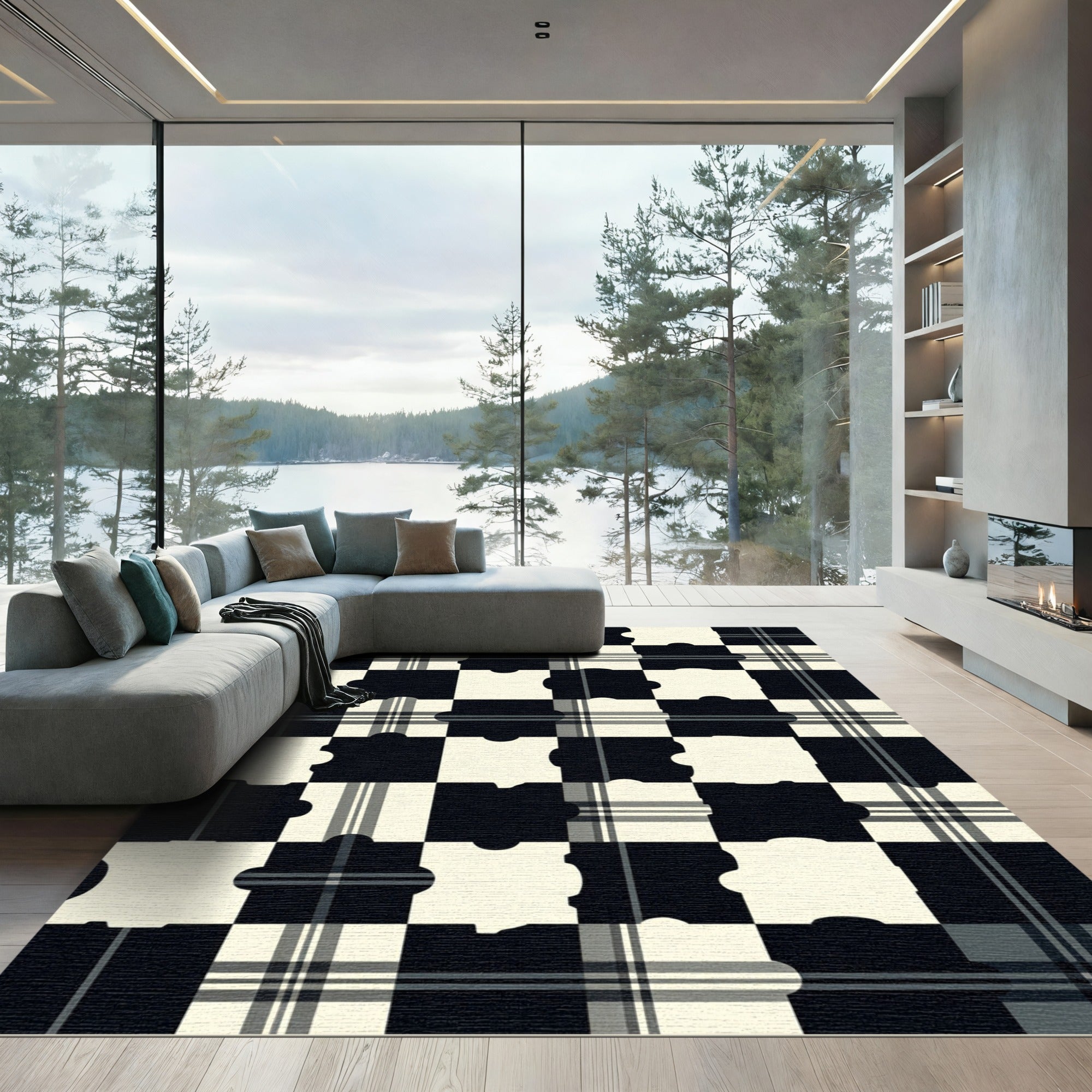 Monochrome Plaid Puzzle Squares Rug