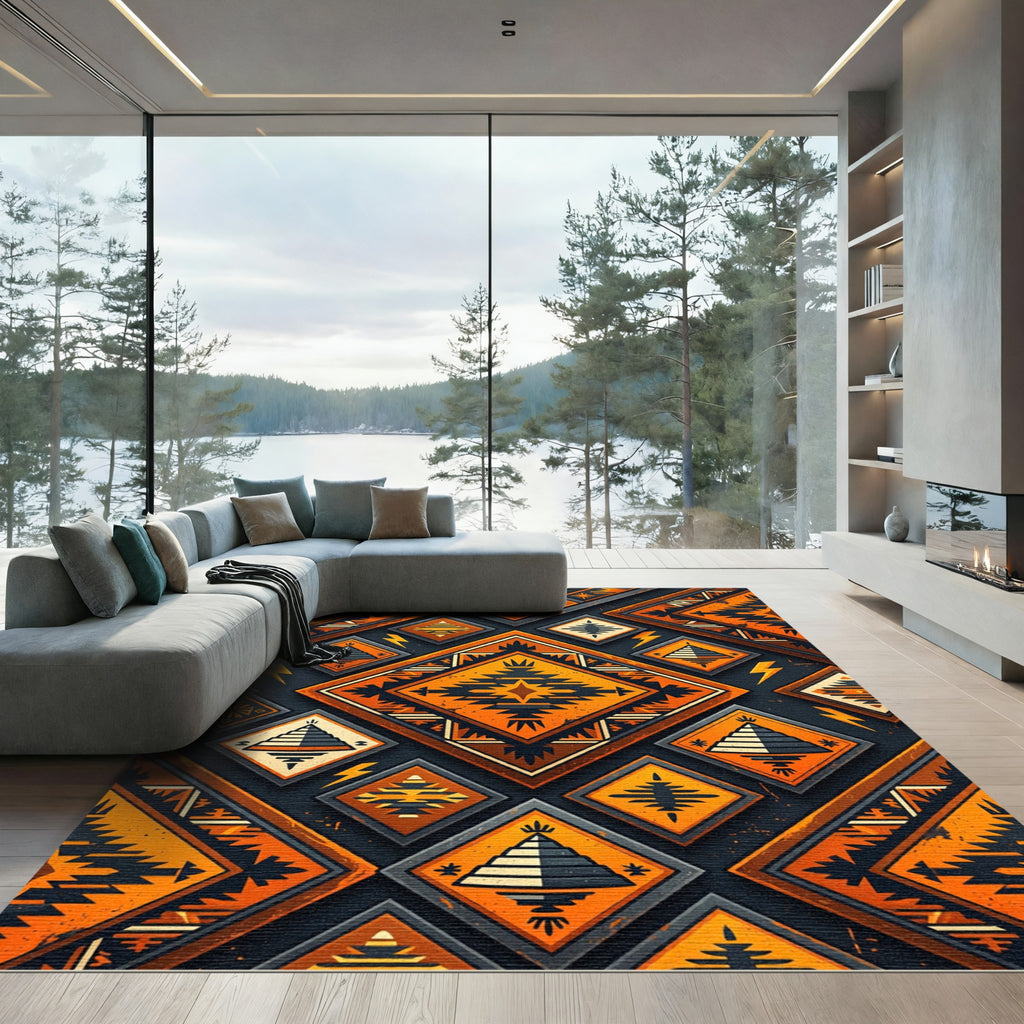 Bold Orange Black Geometric Diamond Rug