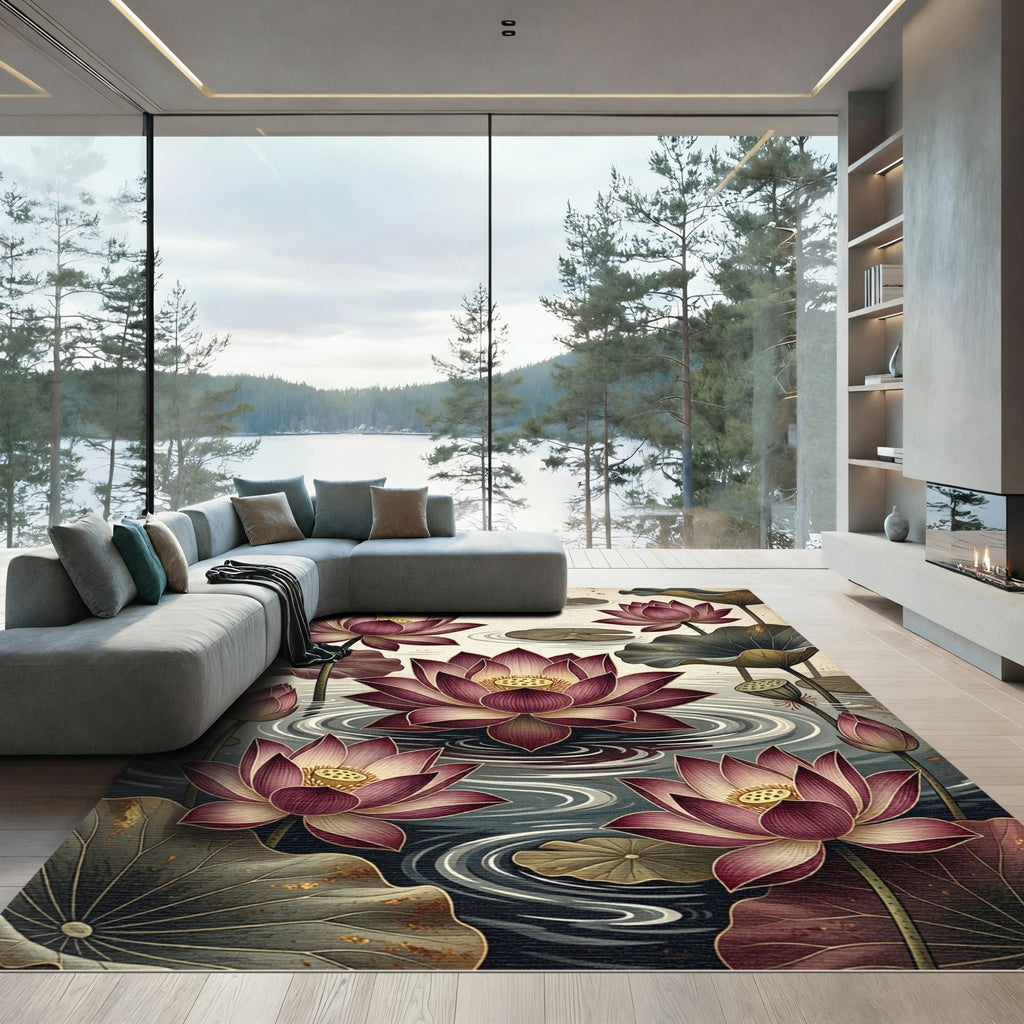 Crimson Lotus Pond Floral Art Rug