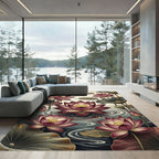 Crimson Lotus Pond Floral Art Rug