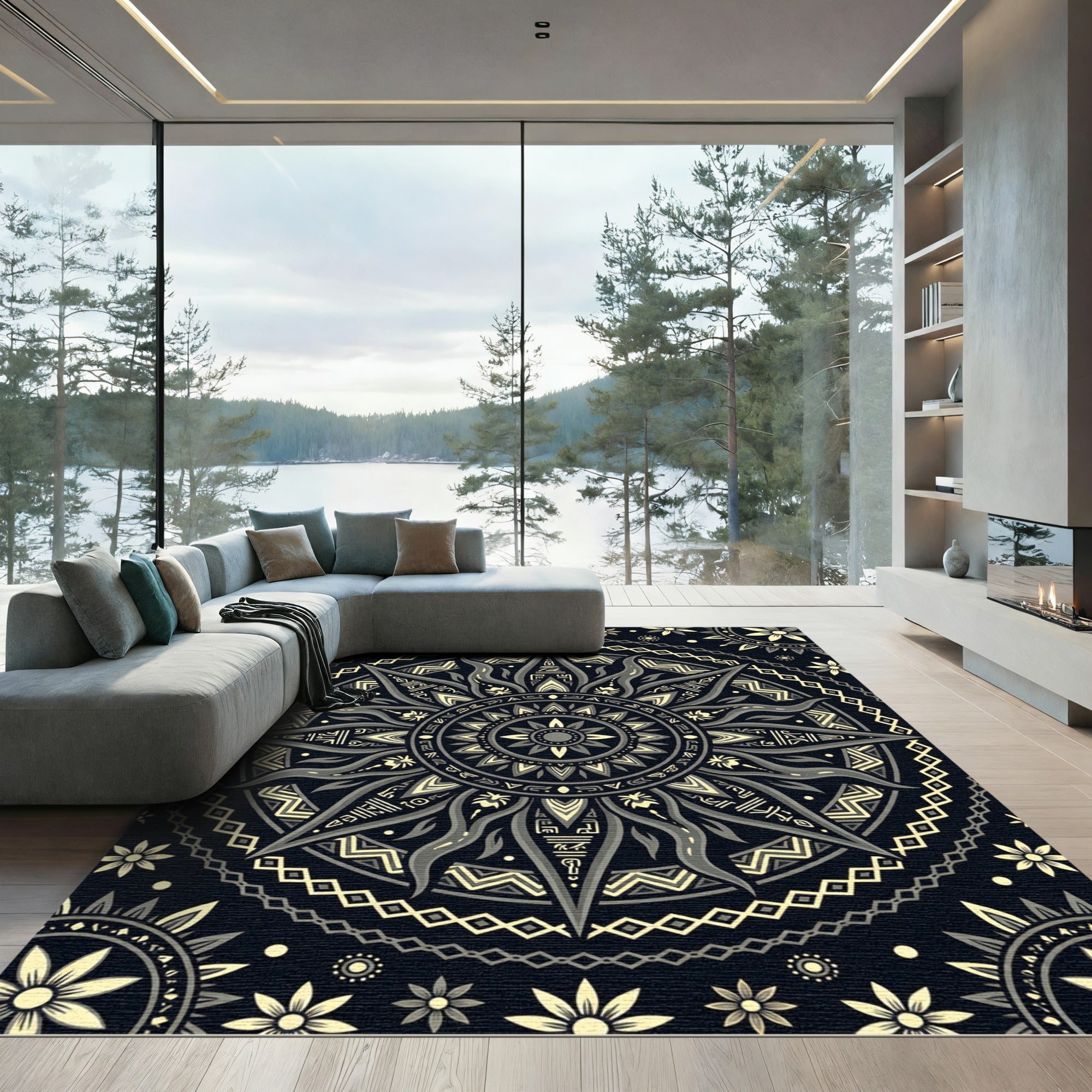 Mystic Celestial Black Gold Sun Medallion Rug