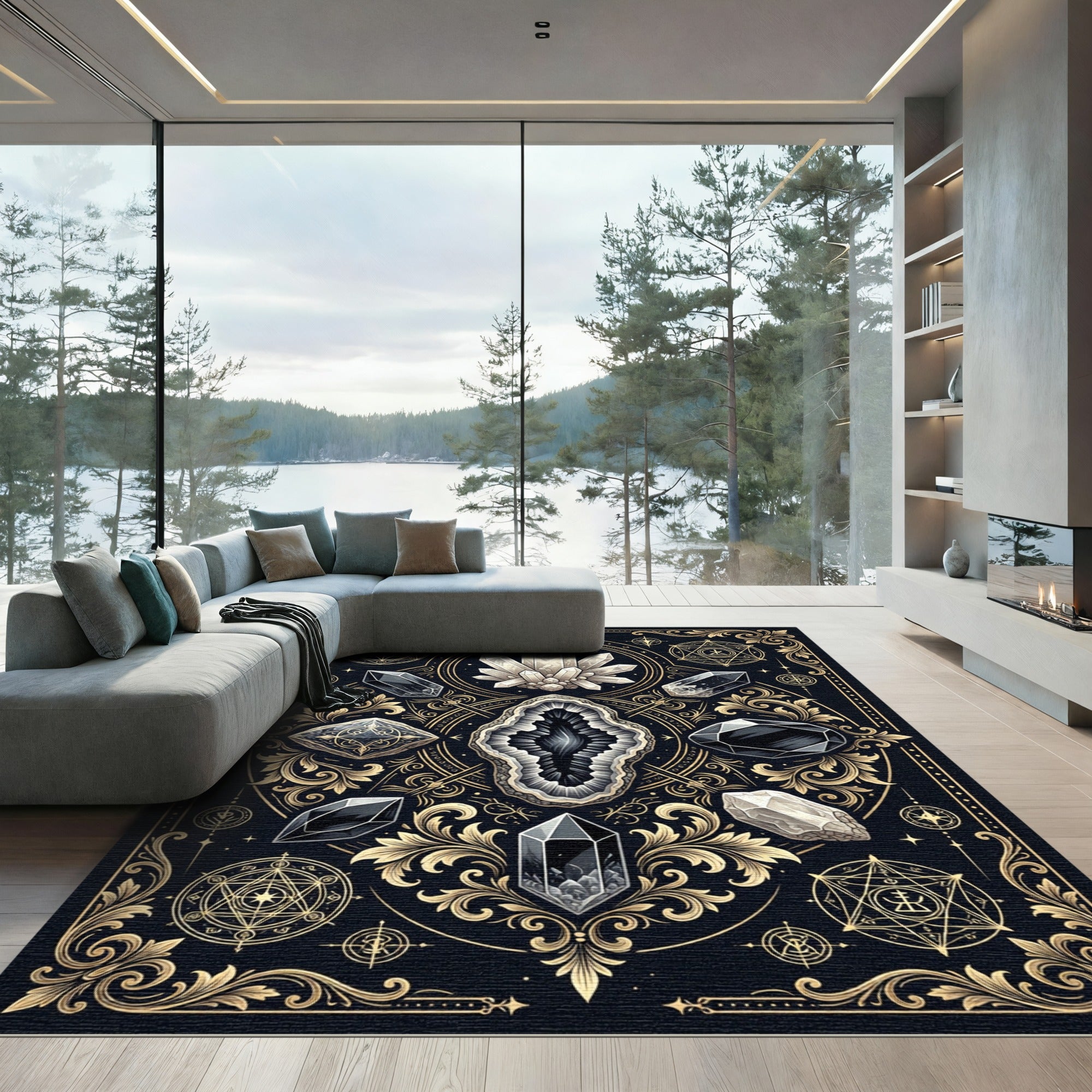 Mystical Gold Crystal Celestial Gemstone Rug