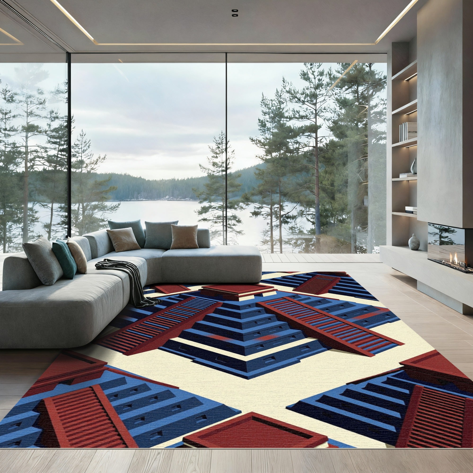 Geometric Blue Red Ziggurat Step Tile Rug