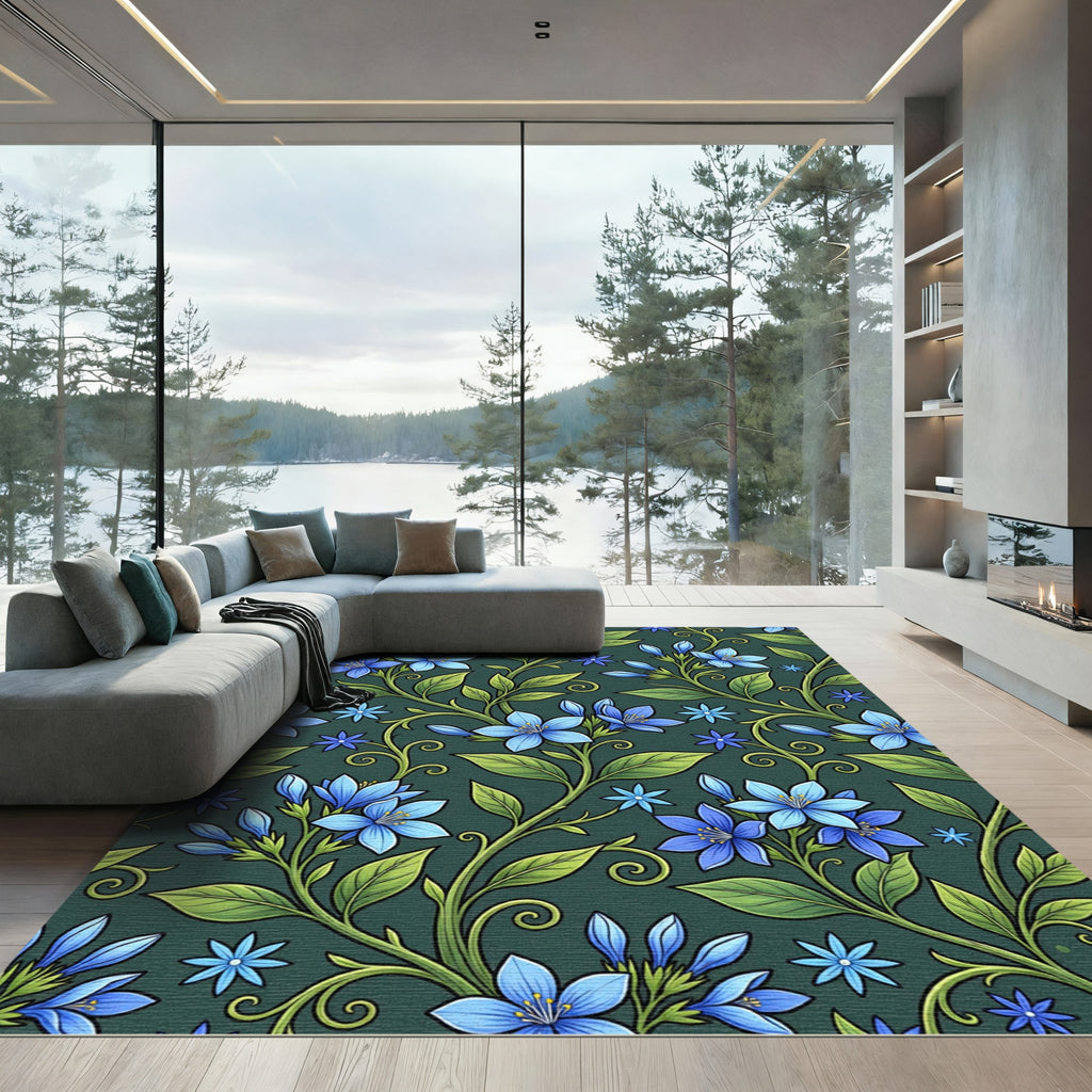 Blue Floral Vine Botanical Art Rug