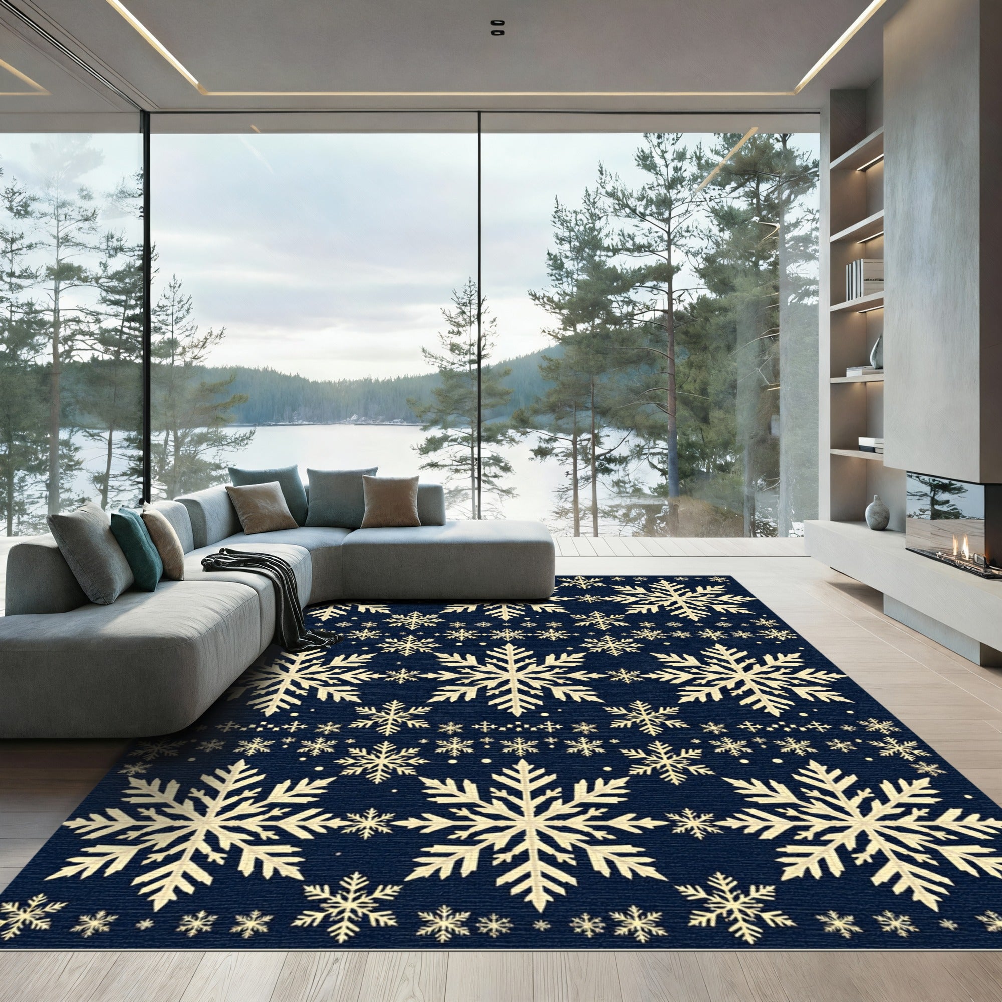 Navy Blue Falling Snowflake Winter Decor Rug