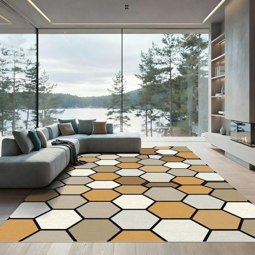 Neutral Earth Tone Geometric Hexagon Rug