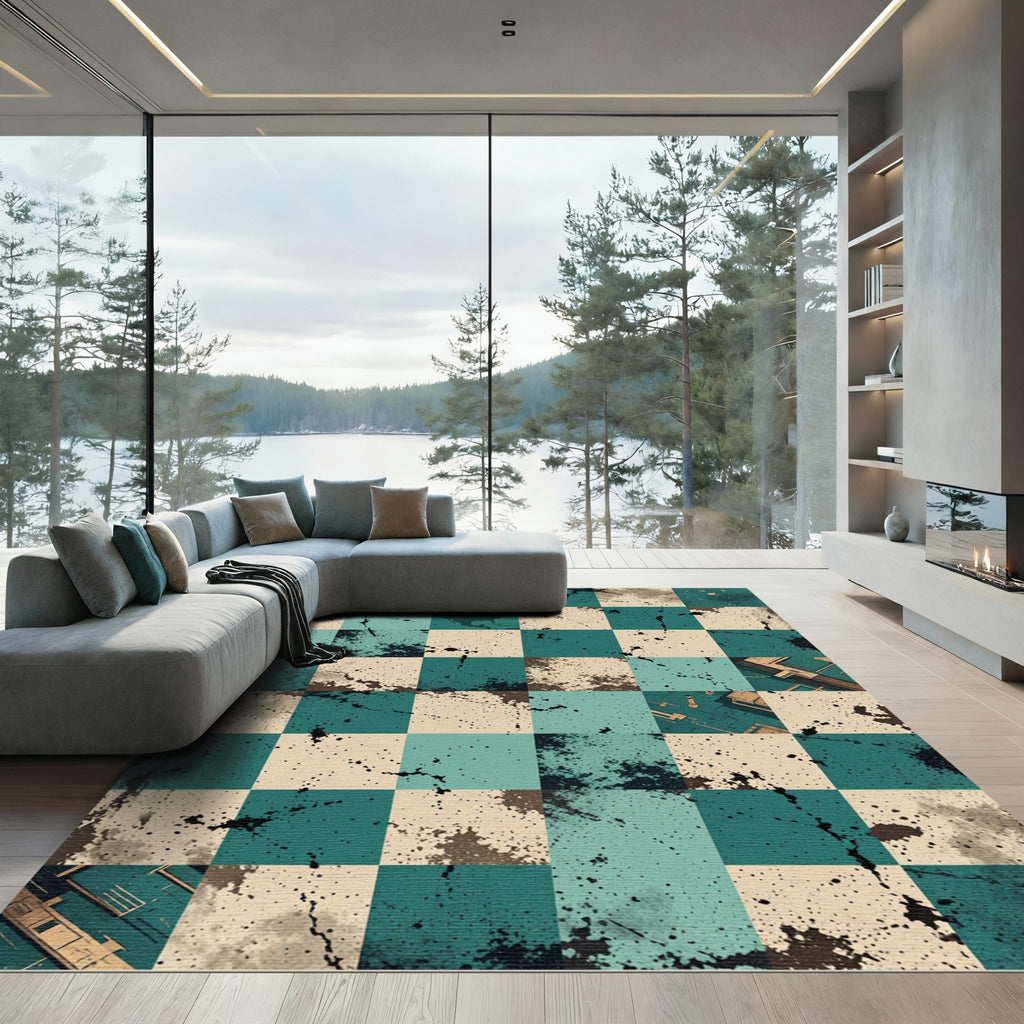 Abstract Teal Brown Splatter Check Rug
