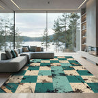 Abstract Teal Brown Splatter Check Rug