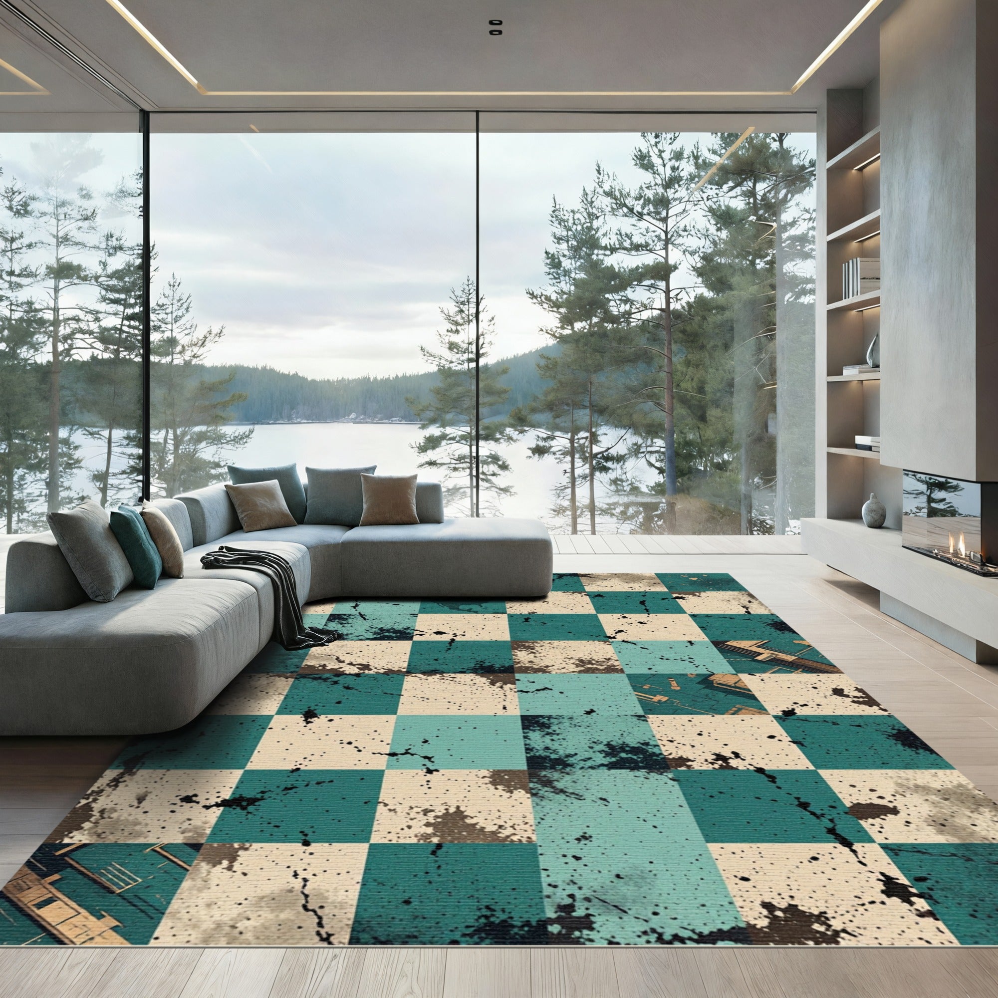 Abstract Teal Brown Splatter Check Rug