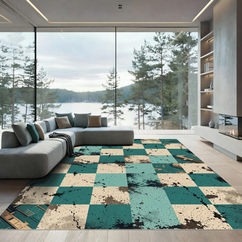 Abstract Teal Brown Splatter Check Rug