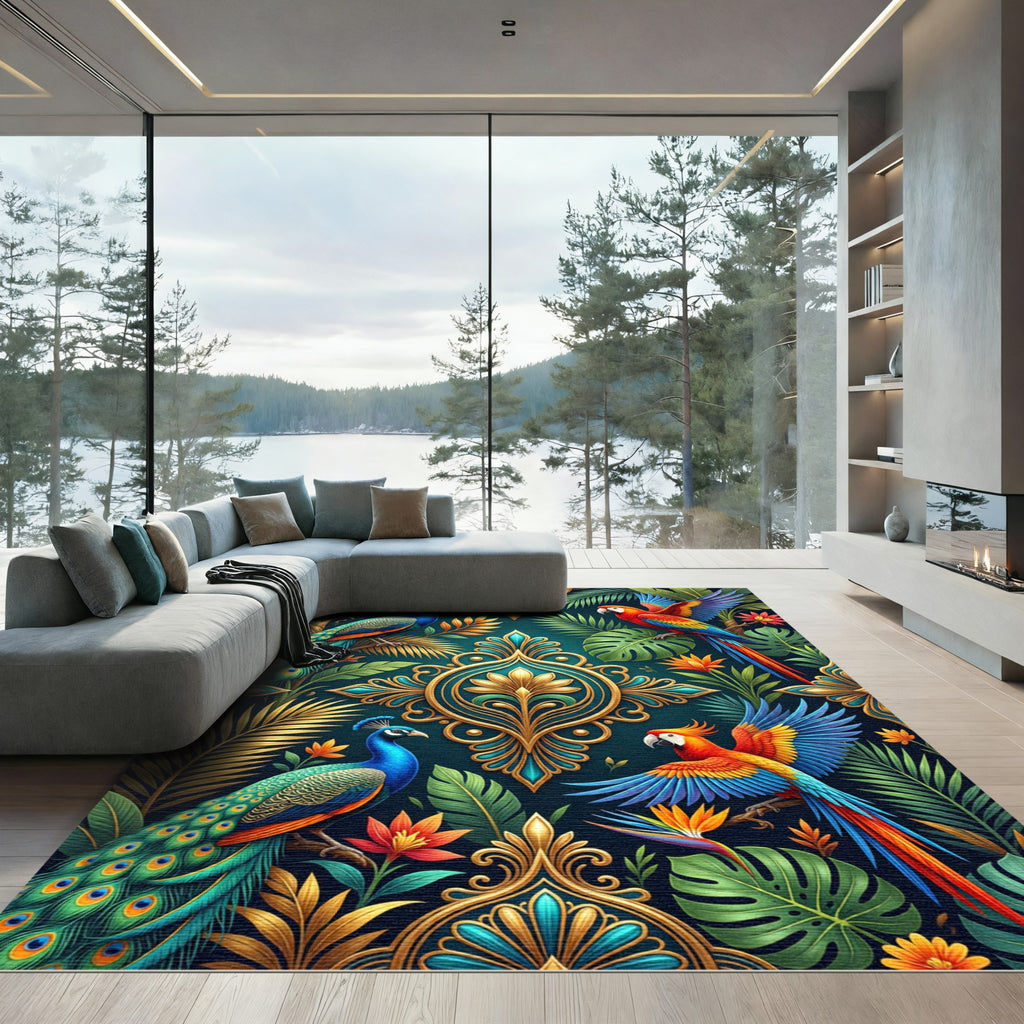 Vibrant Tropical Peacock and Macaw Medallion Rug
