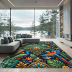 Vibrant Tropical Peacock and Macaw Medallion Rug