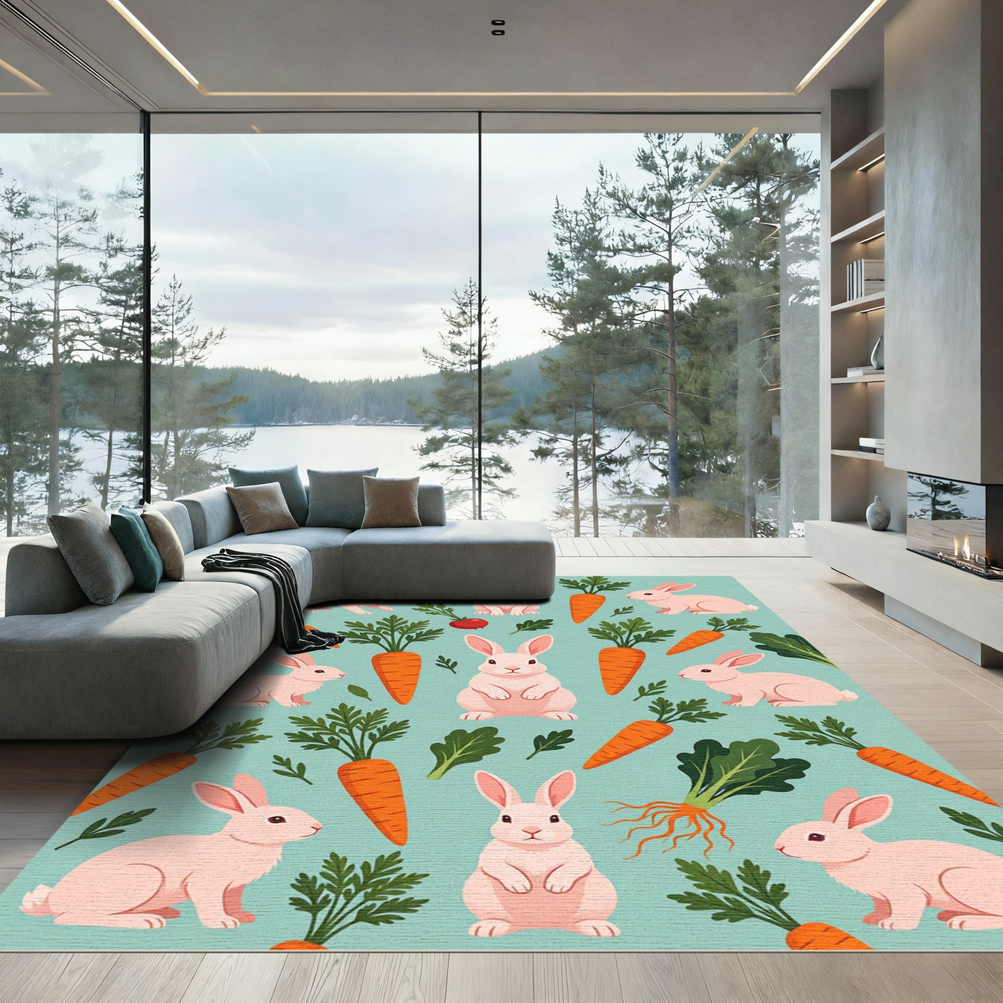 Playful Pastel Rabbit and Carrot Field Rug