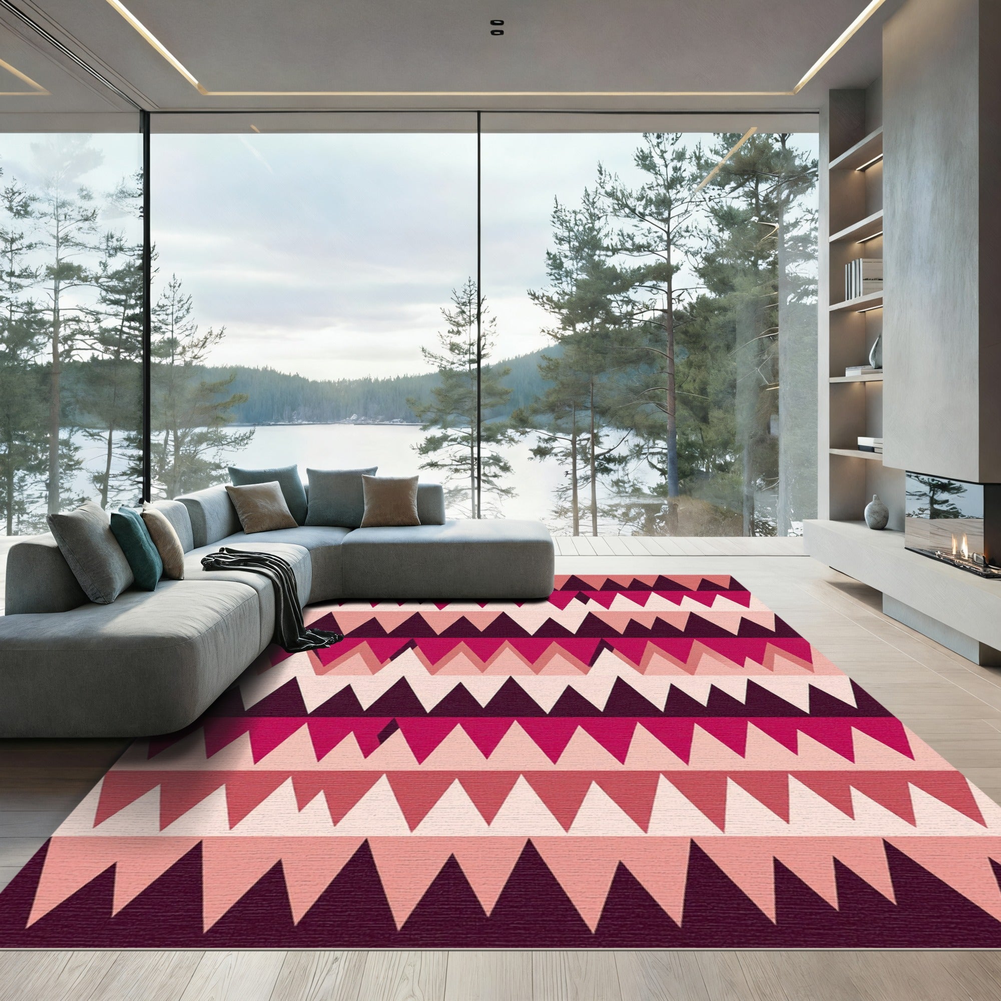 Crimson Pink Geometric Jagged Lines Rug