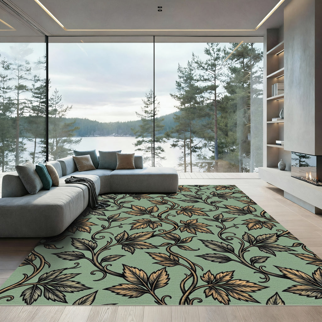 Sage Green Botanical Leaf Scroll Rug