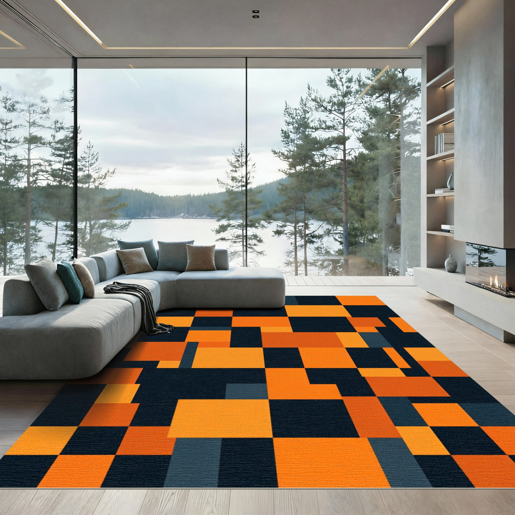 Bold Geometric Orange and Charcoal Block Rug