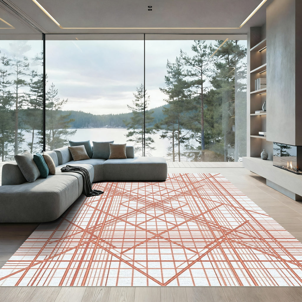 Coral Intersecting Lines Grid Rug