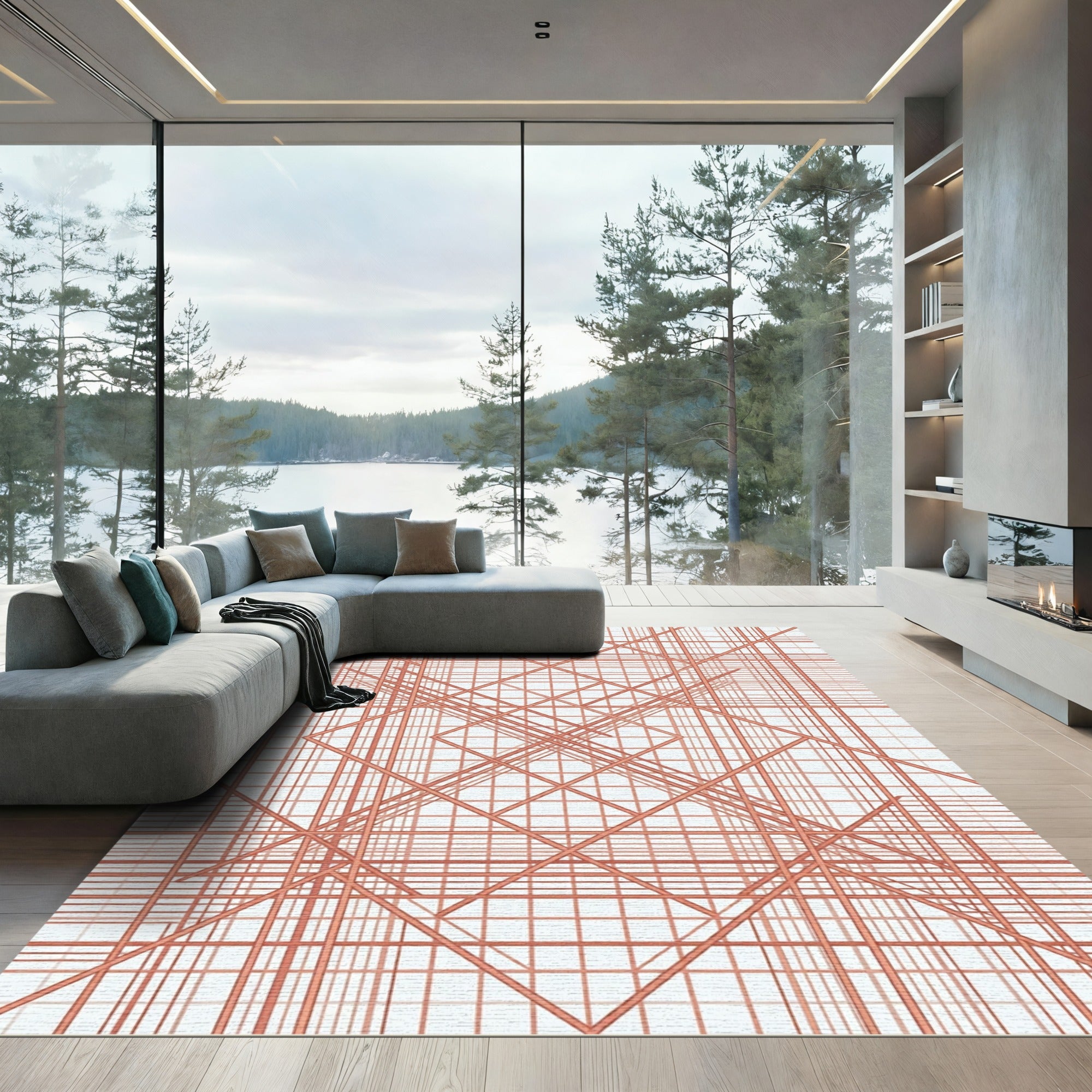 Coral Intersecting Lines Grid Rug
