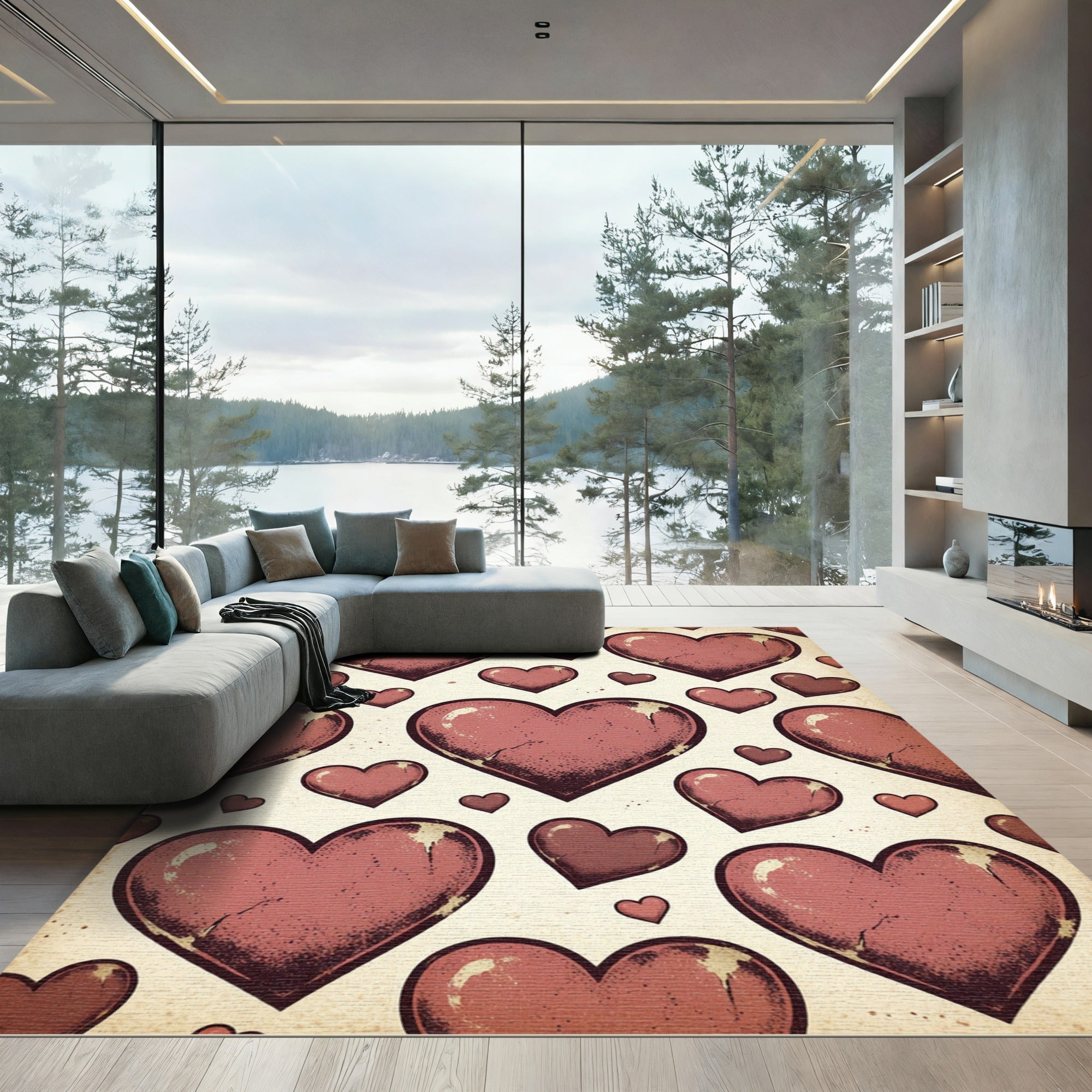 Vintage Distressed Red Heart Scattered Rug
