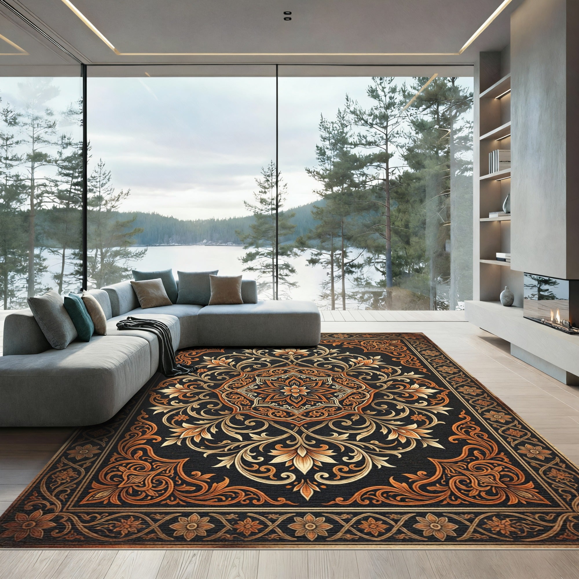 Elegant Amber Floral Medallion Scroll Rug