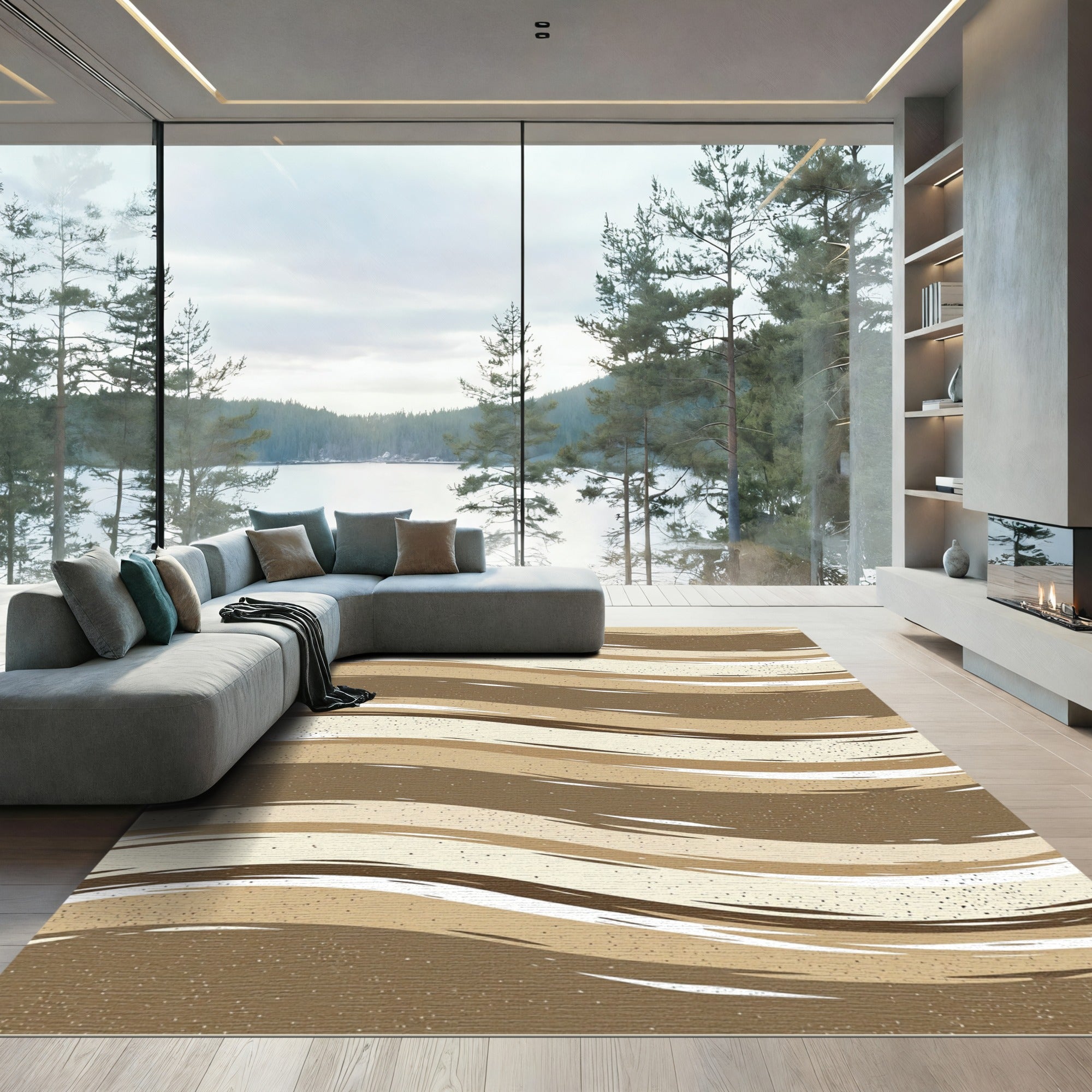 Earthy Bronze Wavy Abstract Stripes Rug