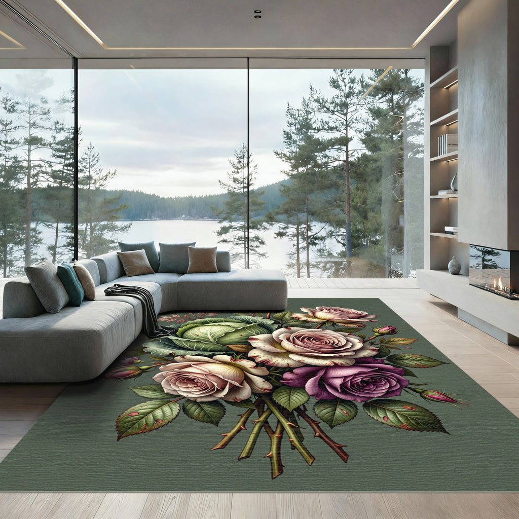 Vintage Roses Cabbage Botanical Arrangement Rug