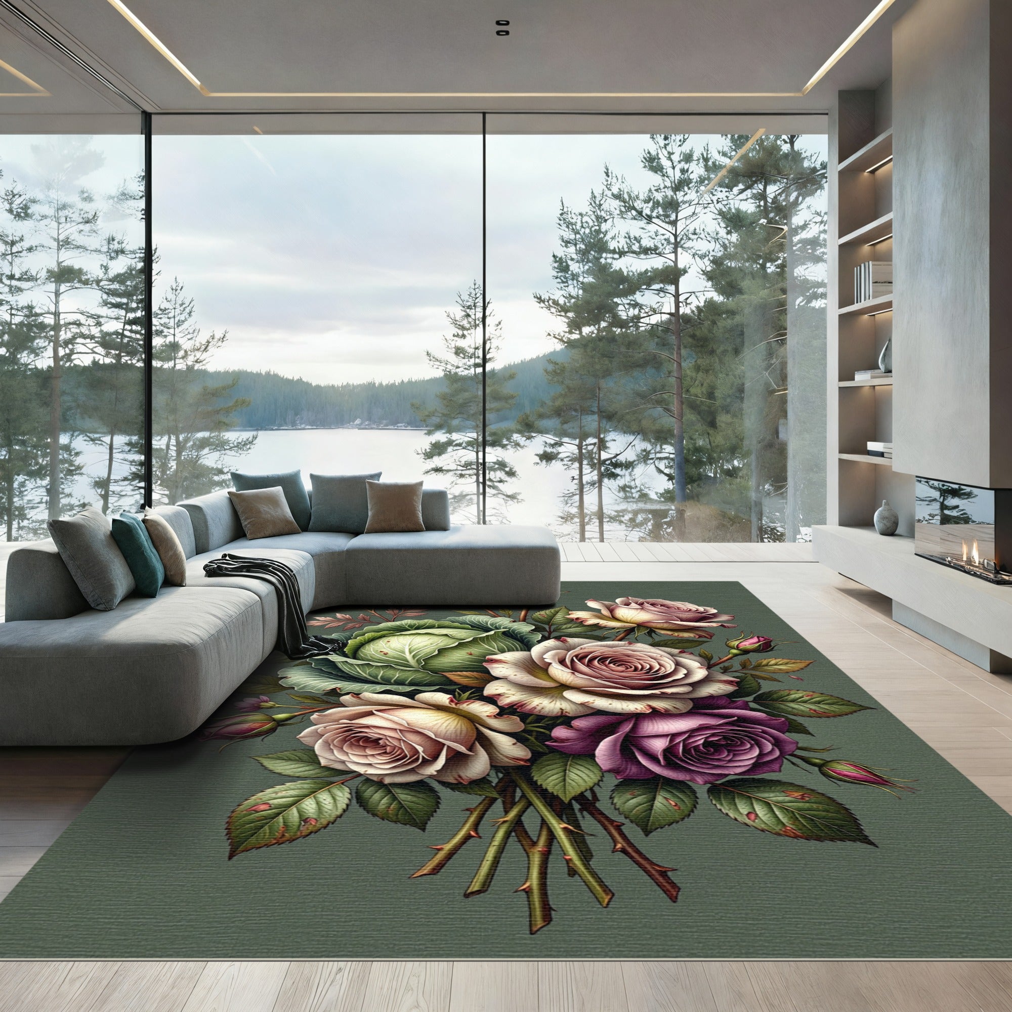 Vintage Roses Cabbage Botanical Arrangement Rug