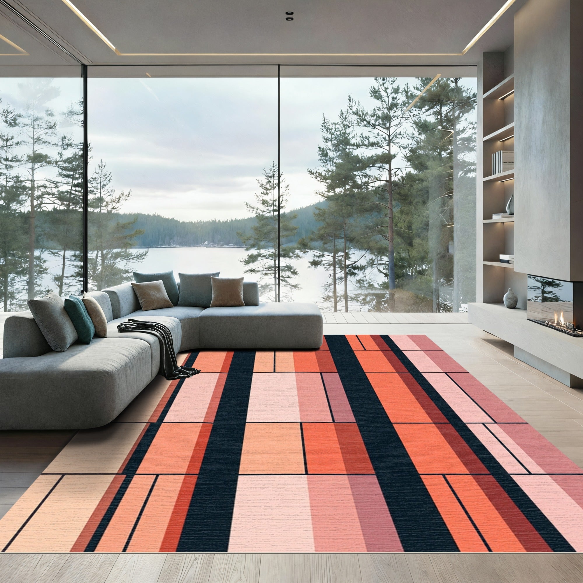 Modern Coral Rectangular Grid Rug