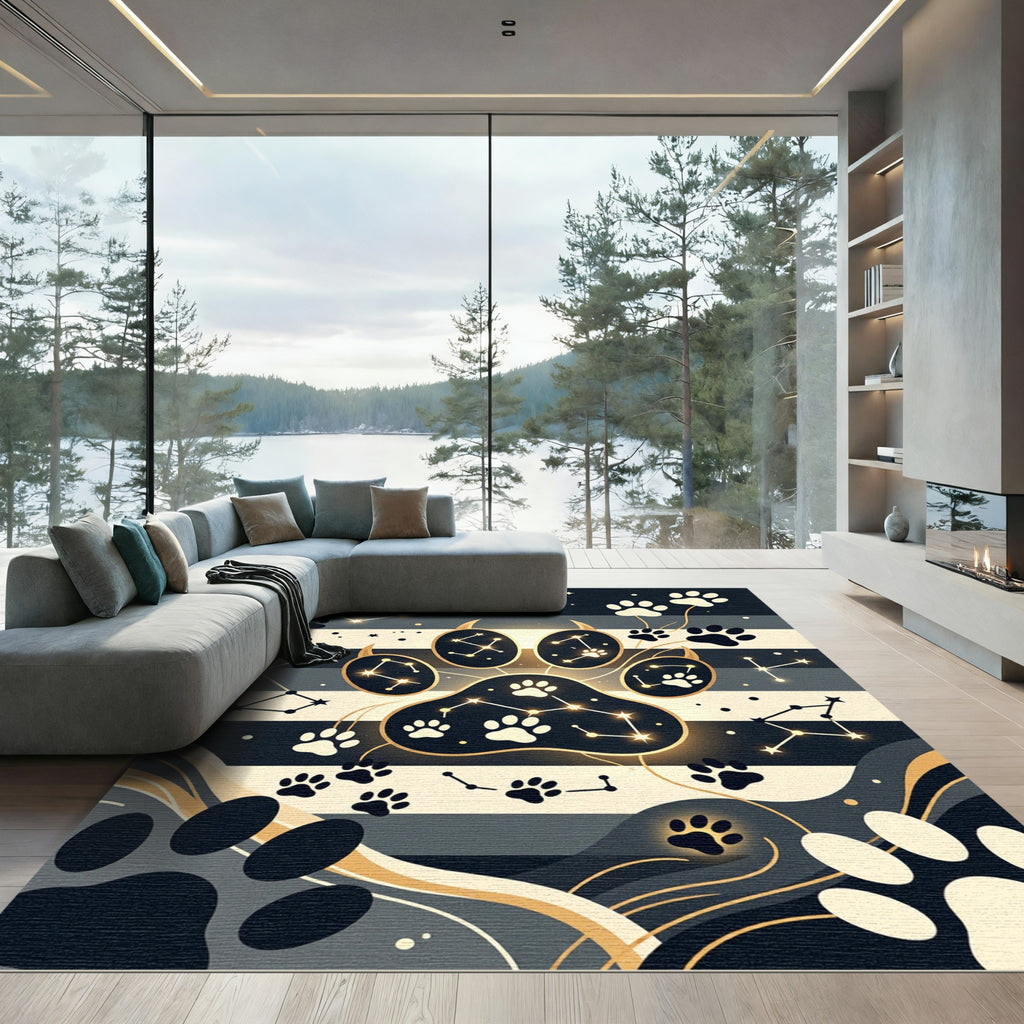 Celestial Paw Print Navy Striped Art Rug