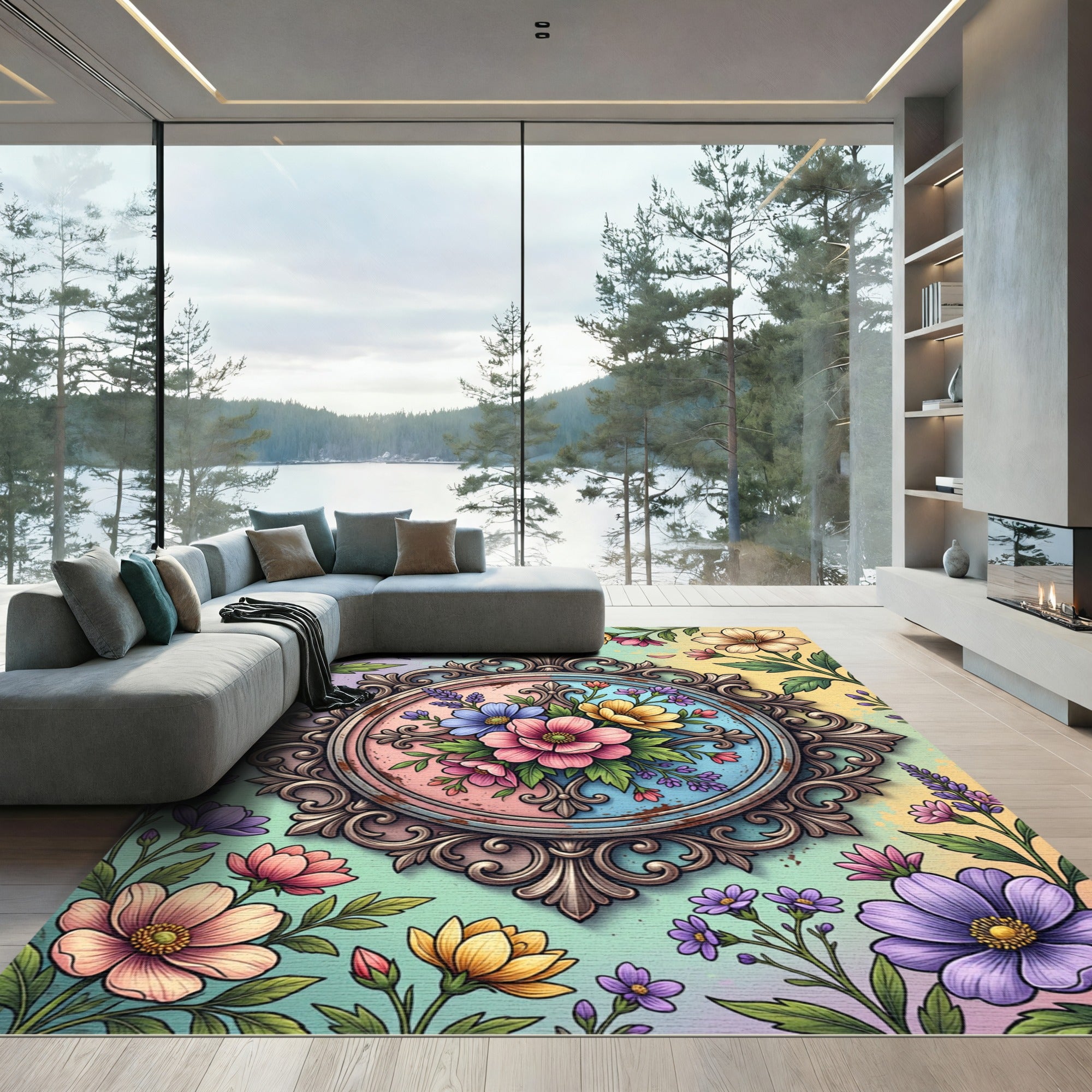 Pastel Floral Medallion with Ornate Frame Rug