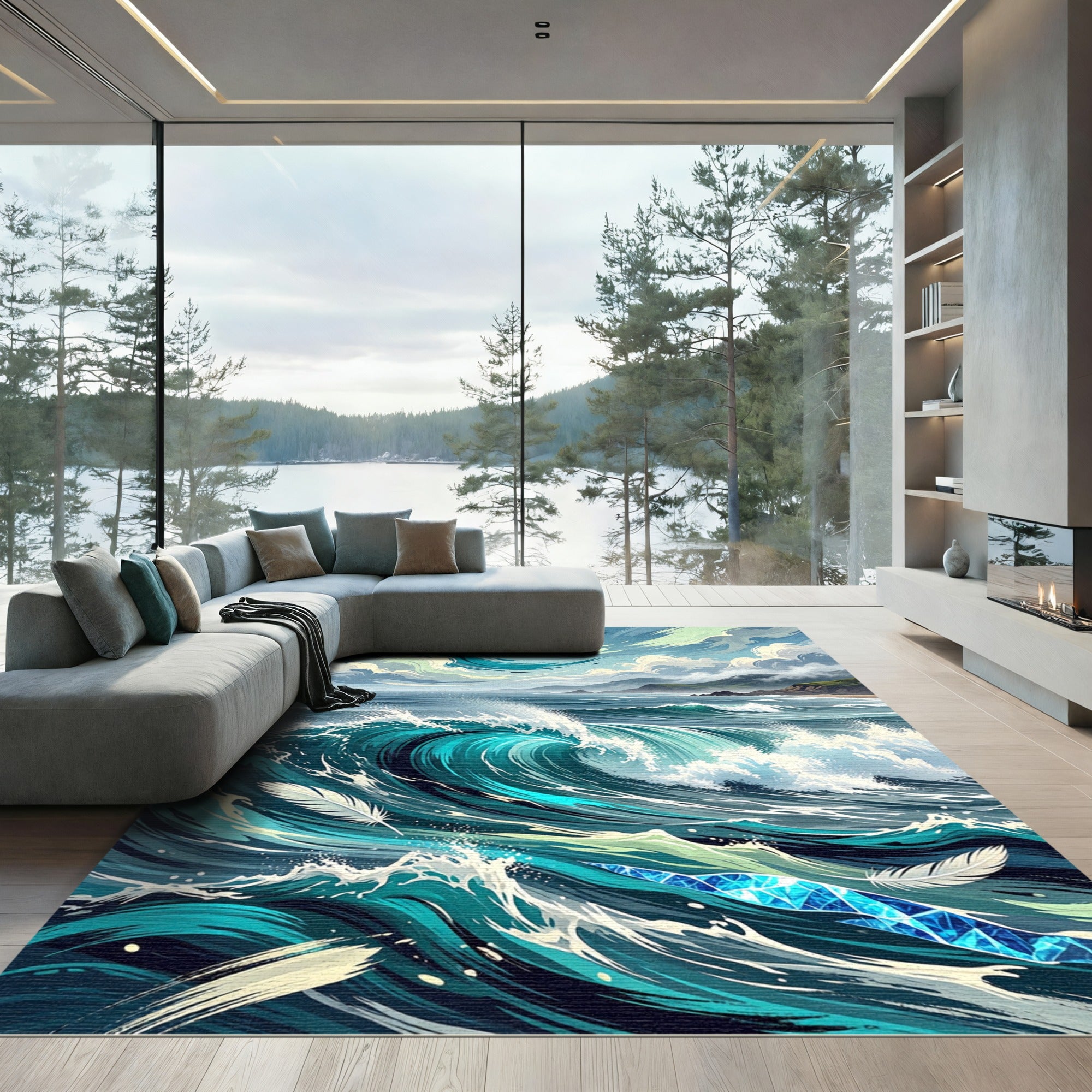 Abstract Azure Swirling Ocean Wave Rug