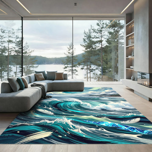 Abstract Azure Swirling Ocean Wave Rug