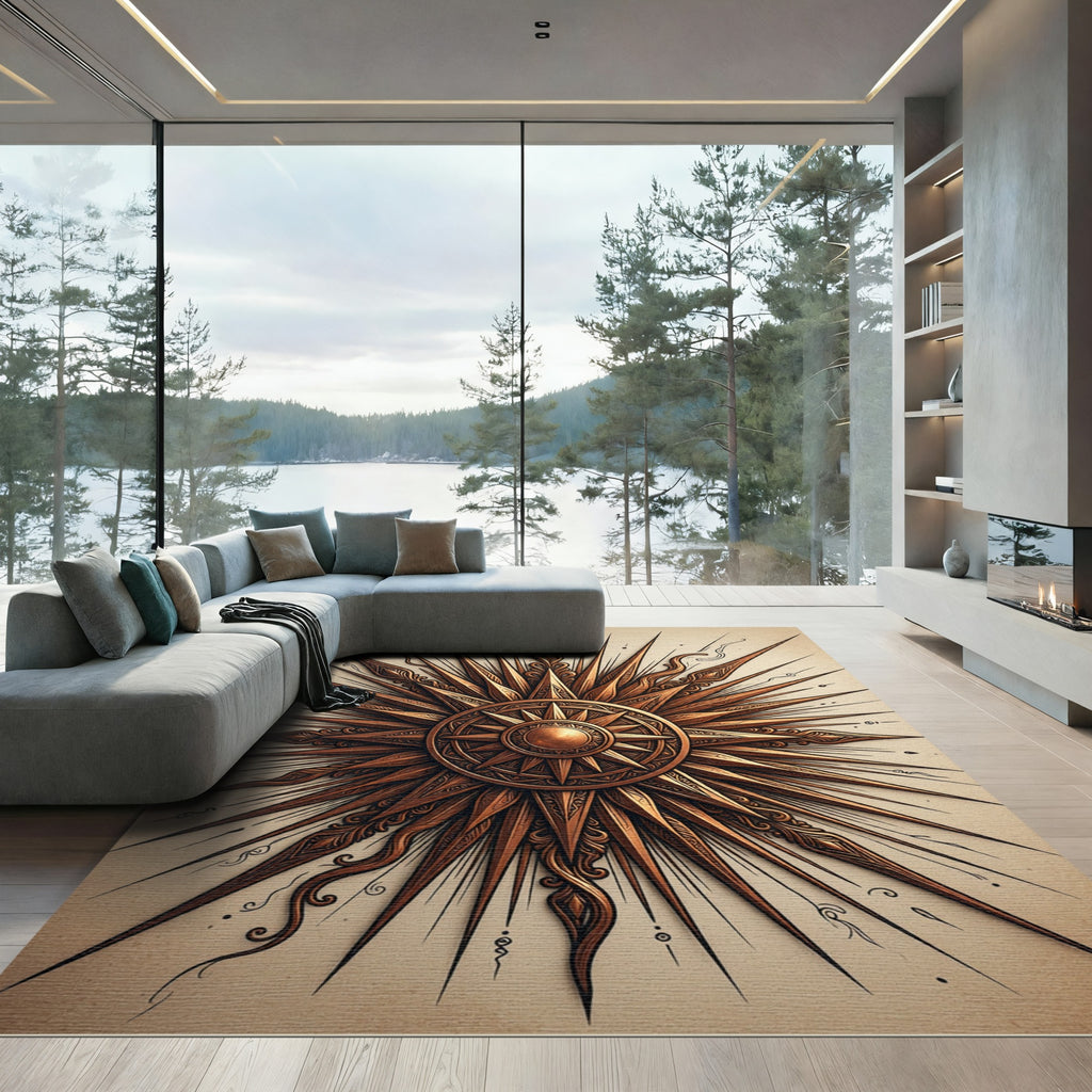 Intricate Golden Sunburst Compass Graphic Rug
