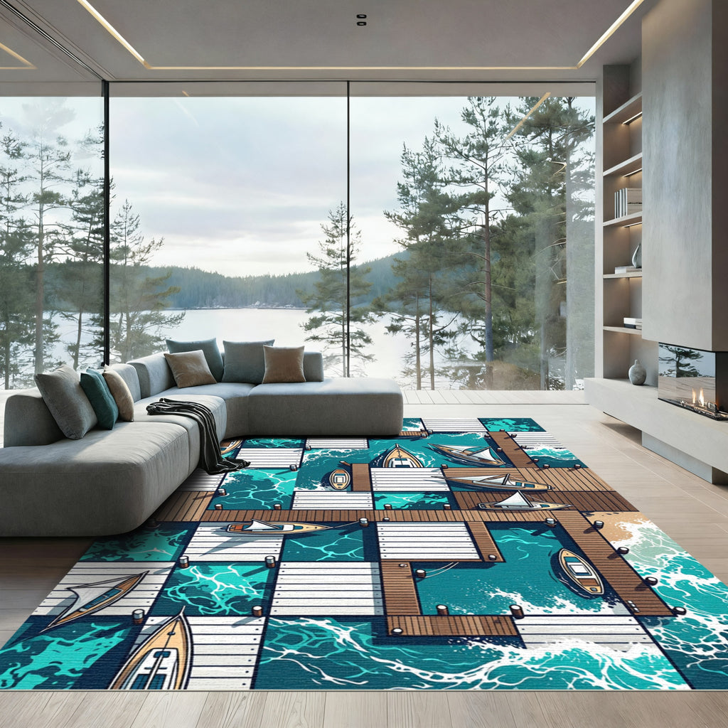 Coastal Dock Nautical Sailboats Water Rug