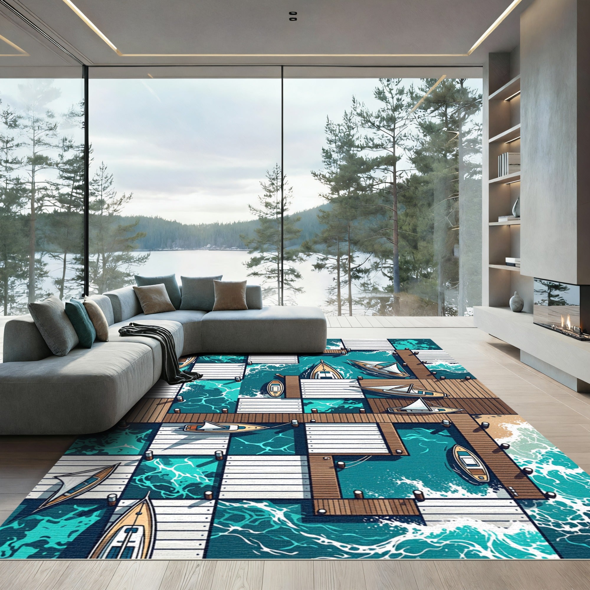 Coastal Dock Nautical Sailboats Water Rug