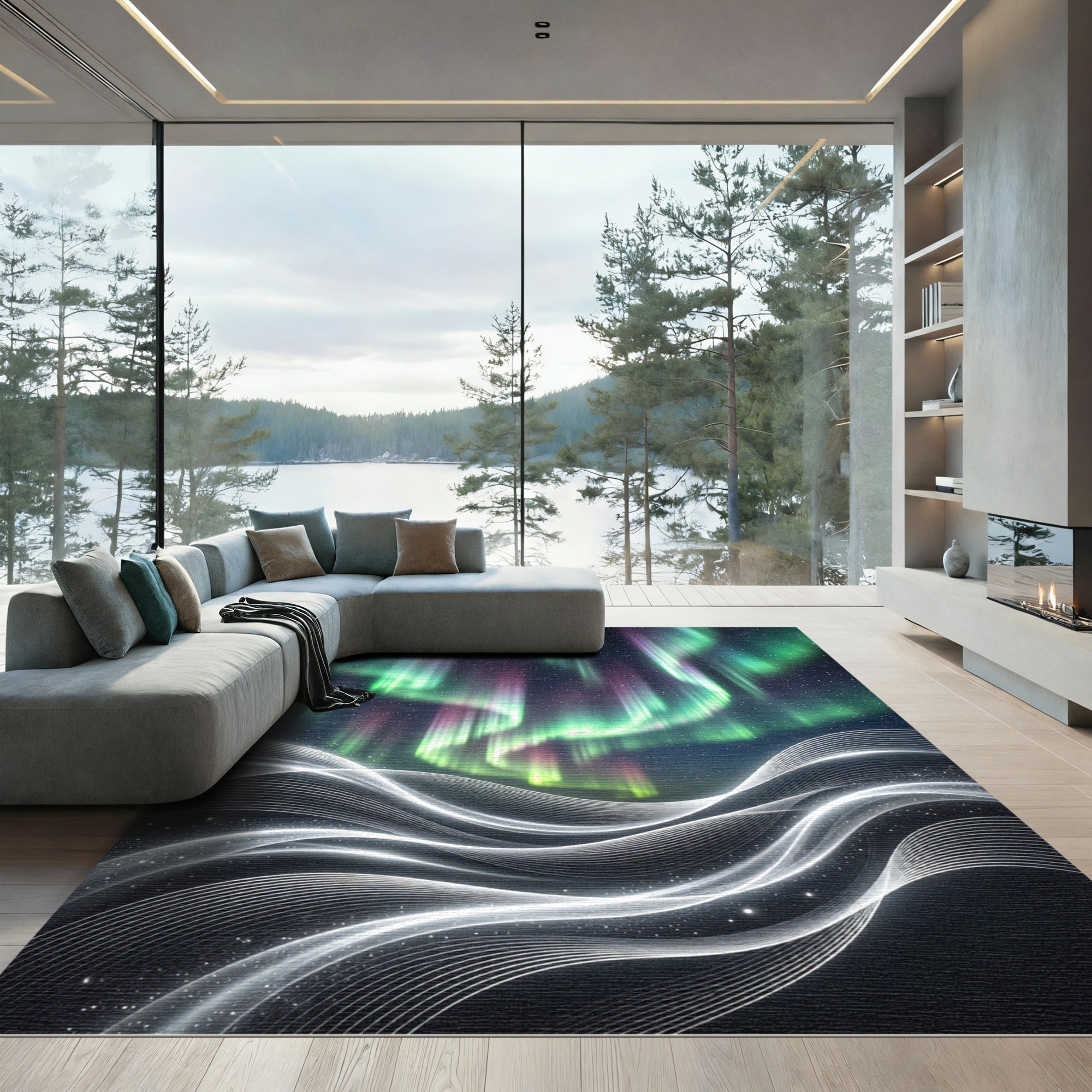 Ethereal Aurora Northern Lights Abstract Wave Rug