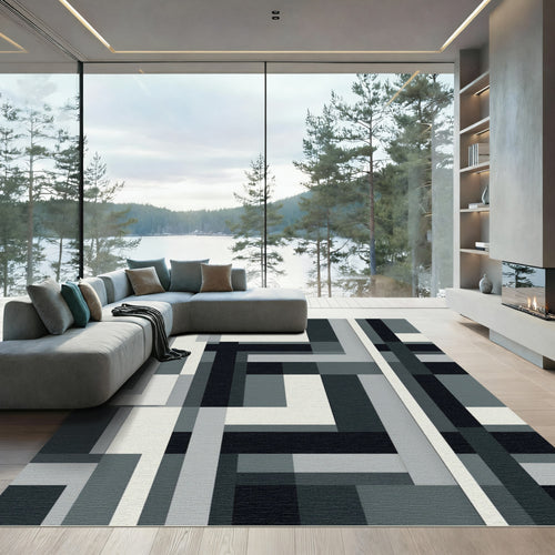 Abstract Grayscale Rectilinear Art Rug