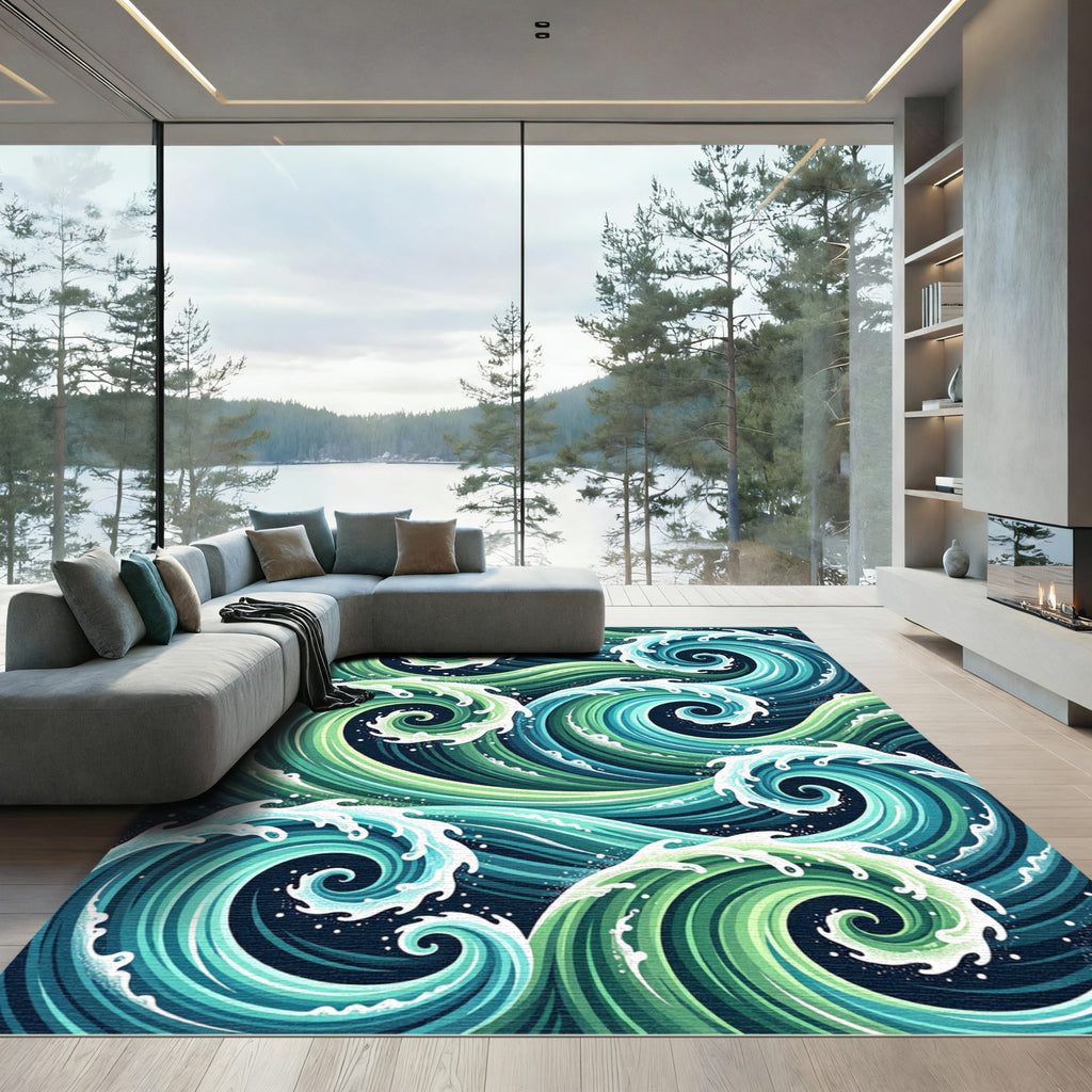 Abstract Teal Green Swirling Ocean Waves Rug