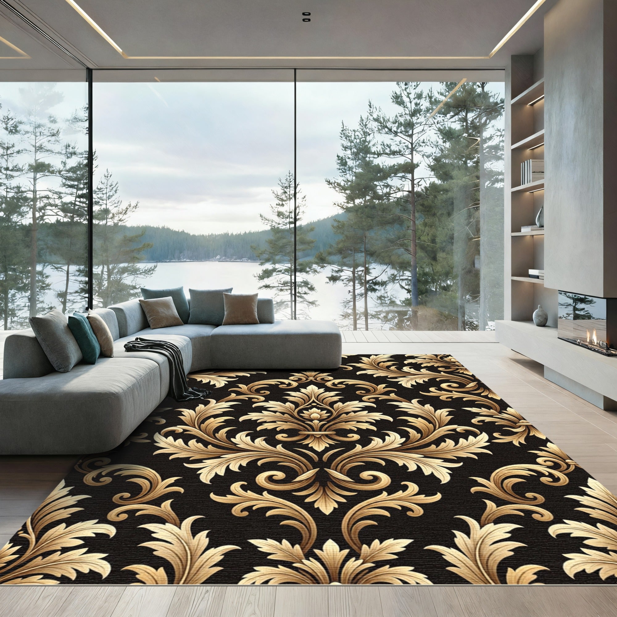 Regal Golden Damask Black Scrollwork Rug