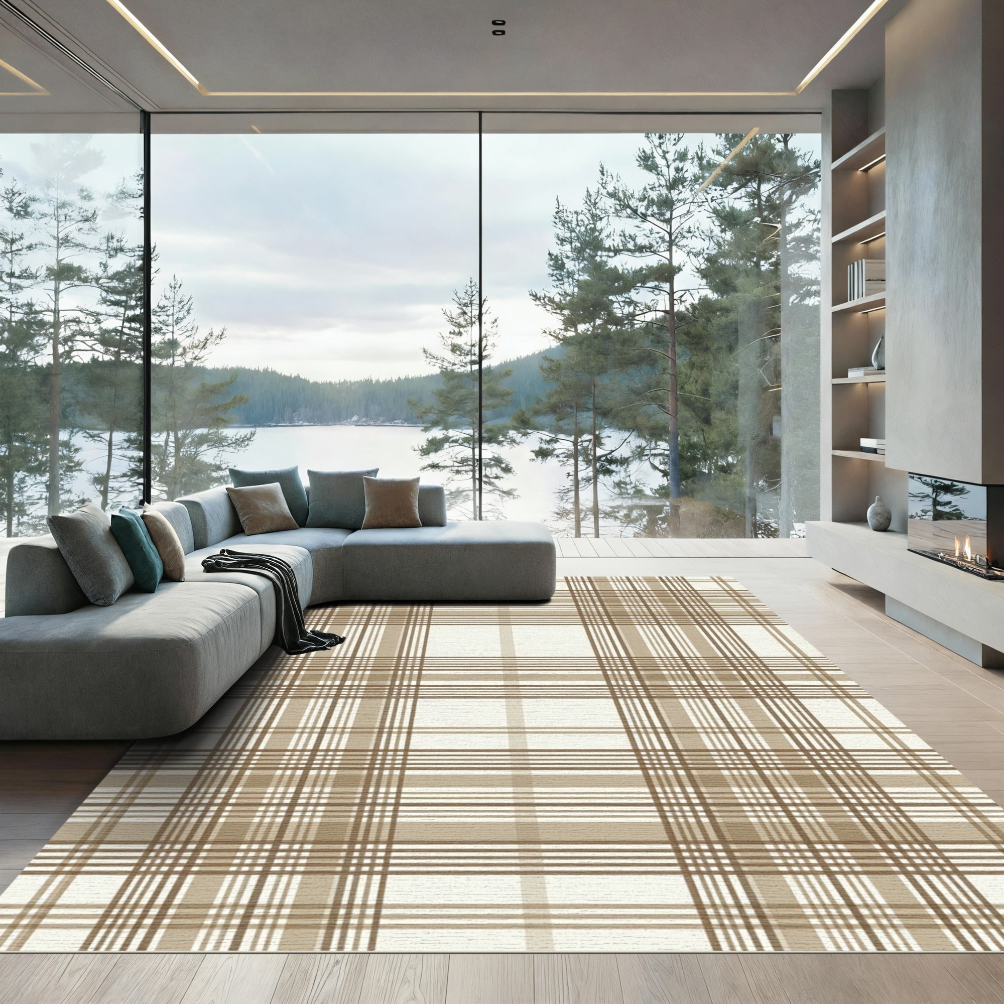 Classic Beige Tartan Plaid Check Rug