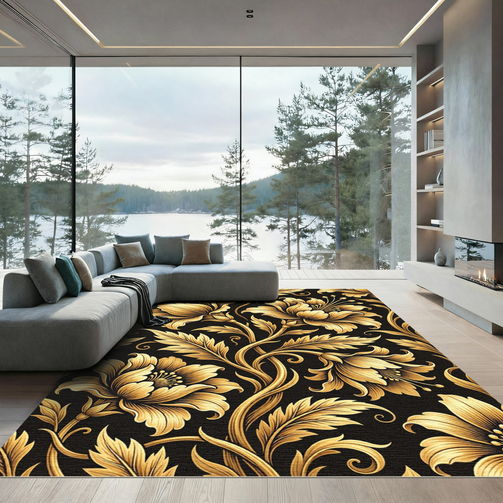 Elegant Gold Floral Vine Scroll Rug