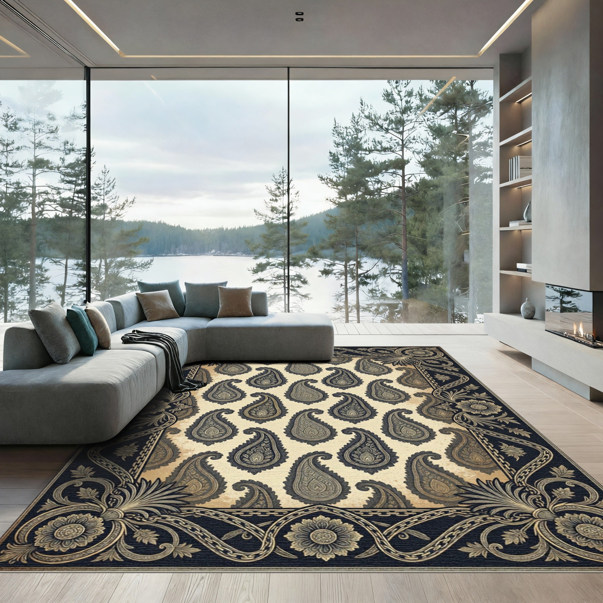 Ornate Gold and Ebony Paisley Scroll Rug