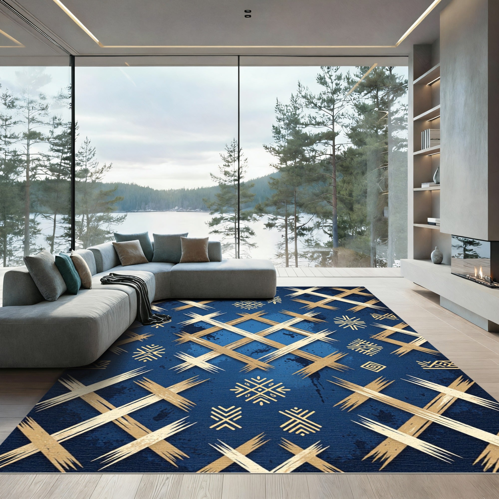 Golden Angular Lattice on Navy Rug