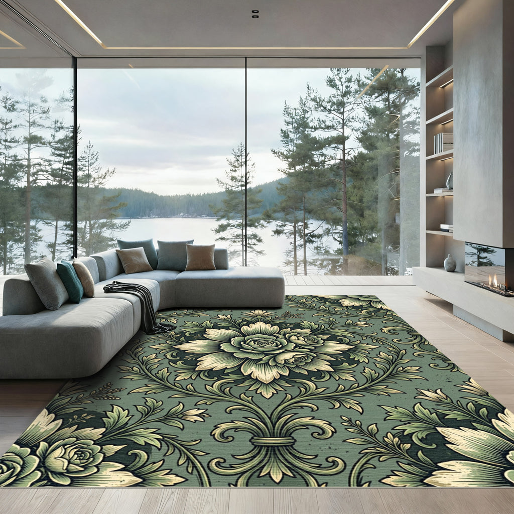 Sage Damask Rose Floral Scroll Rug