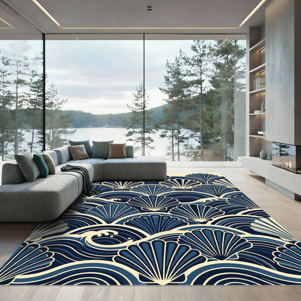Navy Blue Coastal Scalloped Wave Shell Rug