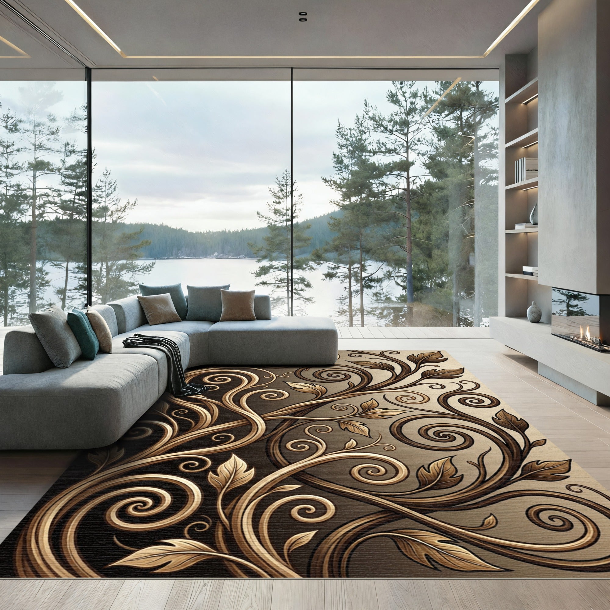 Golden Leaf Scroll Nouveau Rug