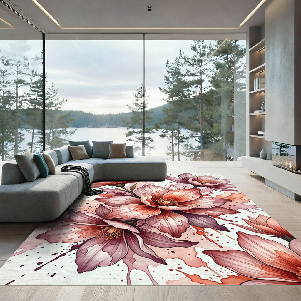 Watercolor Blush Floral Ink Splash Rug